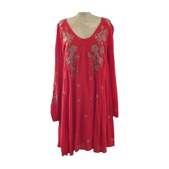 Free People Red Embroidered Cutout Long Sleeve Boho Mini Dress - M L - Picture 1 of 9